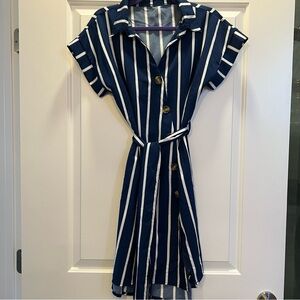 Navy and Blue Striped Belted Dress with Diagonal Buttons and High Low Bottom